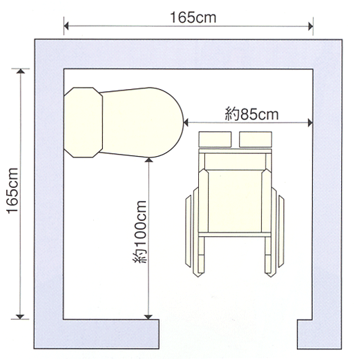 車椅子使用に適したトイレスペース（内法寸法165×165cm）