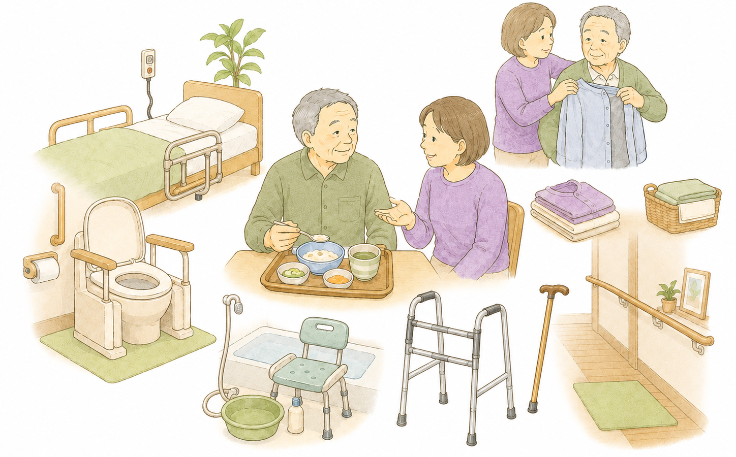 退院後や日常の困りごとの場面を表したイラスト