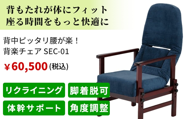 背もたれが体にフィット 座る時間をもっと快適に。背中ピッタリ腰が楽！ 背楽チェア SEC-01。税込価格で販売価格60,500円。おすすめポイントはリクライニング、脚着脱可、体幹サポート、角度調整。