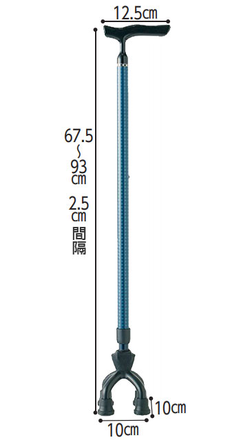アルミMIX四点可動式スモールタイプ 76MA 長さ67.5～93cm 四点杖の寸法図