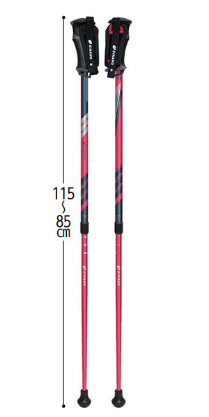 ウォーキング用ポール レビータ La くっしょん 衝撃吸収クッション　長さ85～115cm 身長目安135cm～183cmの寸法図