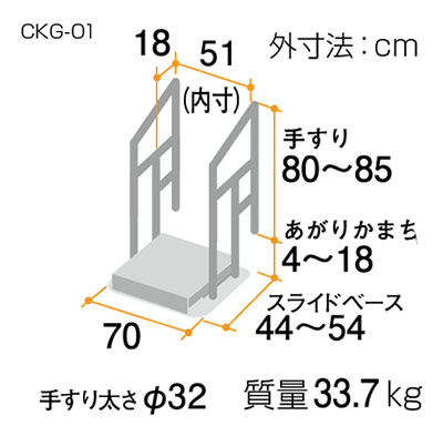 あがりかまち用たちあっぷミニ スライドベース付両手すり CKG-01の寸法図