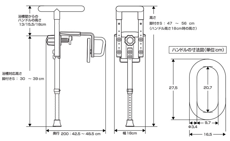 パナソニック 入浴グリップ ユクリア UB専用コンパクト200脚付S PN-L12314A・D・BR

のサイズ