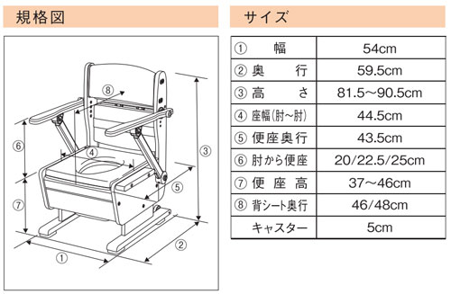さわやかあさひ 家具調ポータブルトイレの寸法図