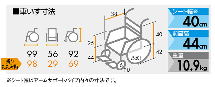介助用車椅子 KALU8αW(NA-L8αW) 超軽量多機能車椅子のサイズ