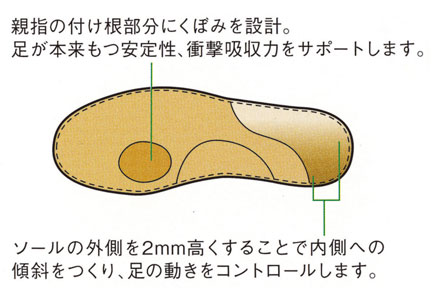 親指の付け根のくぼみで衝撃吸収力をサポート、内側への傾斜で足の動きをコントロールします