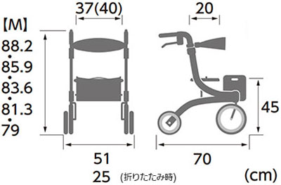 杖置き付 四輪歩行車 Pastel《KW-LP-M》Mサイズ カワムラサイクル 屋内外両用 歩行器 シルバーカーのサイズ