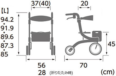 杖置き付 四輪歩行車 抑速ブレーキ付 Pastel《KW-LPC-L》Lサイズ カワムラサイクル 屋内外両用 歩行器 シルバーカーのサイズ