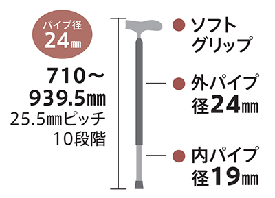 抗菌 伸縮杖 イージーソフトグリップ 伸縮アルミ杖 ベーシック 径24mm ミキ Mikiの寸法図