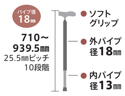 抗菌 伸縮杖 イージーソフトグリップ 伸縮アルミ杖 スリム 経18mm ミキ Mikiの寸法図