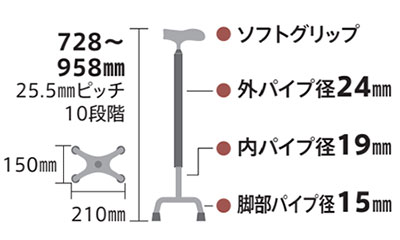 【非課税】抗菌 イージーソフトグリップ四点杖 アルミタイプ 多点杖 ミキ Mikiの寸法図