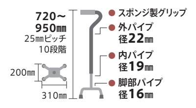 【非課税】アルミ製四点杖伸縮・スモールベース 多点杖 4点杖 スポンジ製グリップ ミキ Mikiの寸法図