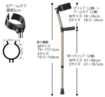 【非課税】日本製ロフストランドクラッチ(Bアームカフ) S･Mサイズ クリスタル産業の寸法図