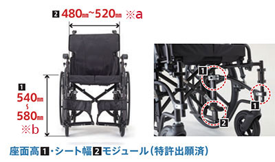 【非課税】自走式 耐荷重130kg KJP-5 シート幅･座面高調節可能 大型車いすモジュールタイプ KJPシリーズ ミキ Mikiの説明
