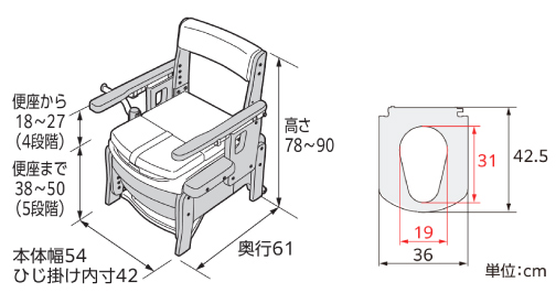 安寿 家具調トイレ セレクトR 自動ラップ2 はねあげタイプ 標準・ソフト・暖房のサイズ
