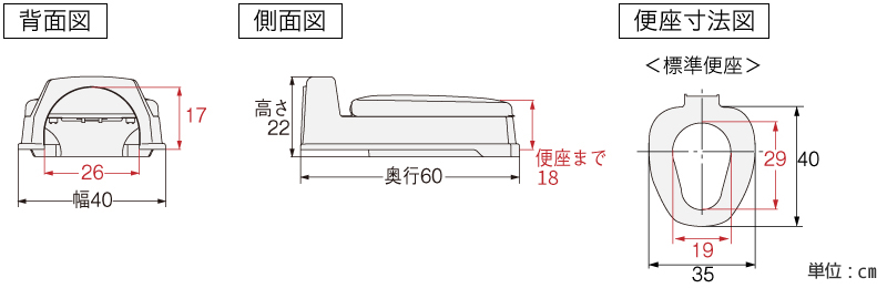 簡易設置型洋式トイレ サニタリエースOD 両用式(5cm)の寸法図