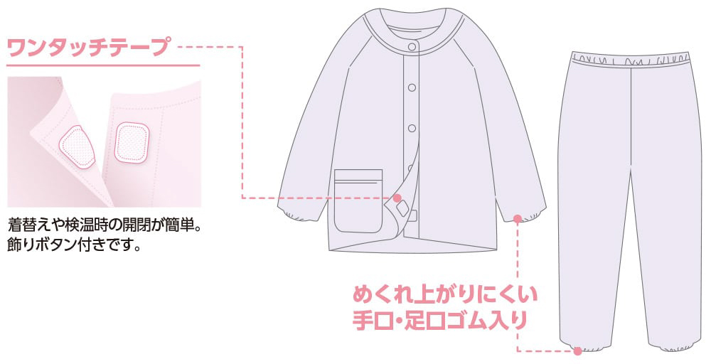 NOBI AID ワンタッチ のびのびストレッチパジャマ 800464 S～LL 年間素材の説明